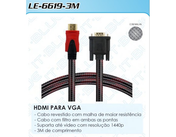 CABO HDMI/ VGA  3M MALHA  LE-6619-3M